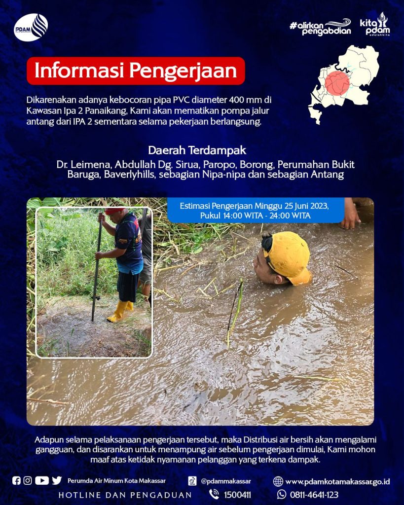 Pipa Bocor, Suplai Air Bersih Terganggu 10 Jam di Panakukkang dan Manggala
